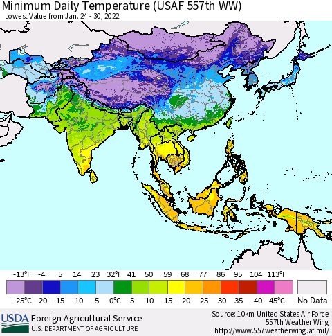 Asia Minimum Daily Temperature (USAF 557th WW) Thematic Map For 1/24/2022 - 1/30/2022