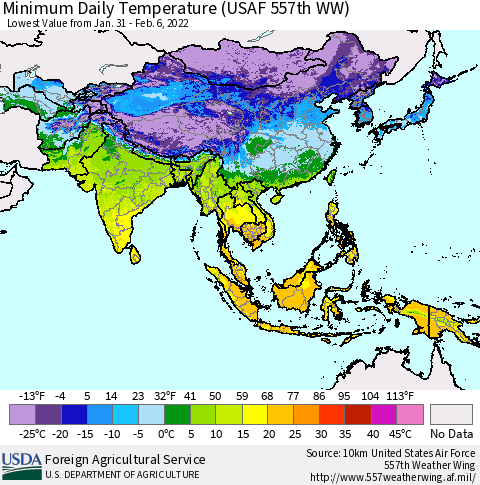 Asia Minimum Daily Temperature (USAF 557th WW) Thematic Map For 1/31/2022 - 2/6/2022