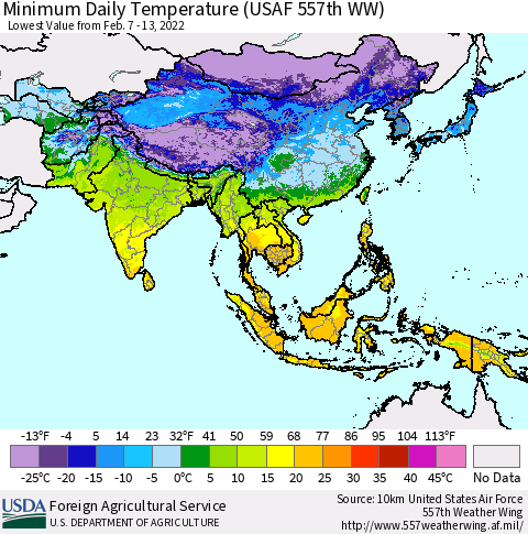 Asia Minimum Daily Temperature (USAF 557th WW) Thematic Map For 2/7/2022 - 2/13/2022