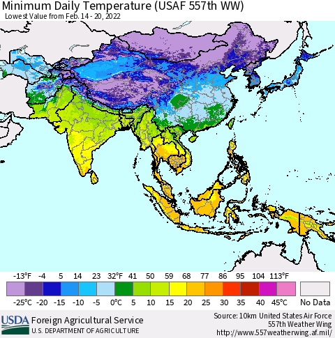 Asia Minimum Daily Temperature (USAF 557th WW) Thematic Map For 2/14/2022 - 2/20/2022