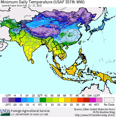 Asia Minimum Daily Temperature (USAF 557th WW) Thematic Map For 2/21/2022 - 2/27/2022