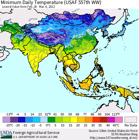 Asia Minimum Daily Temperature (USAF 557th WW) Thematic Map For 2/28/2022 - 3/6/2022