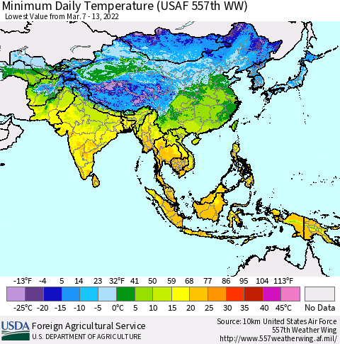 Asia Minimum Daily Temperature (USAF 557th WW) Thematic Map For 3/7/2022 - 3/13/2022