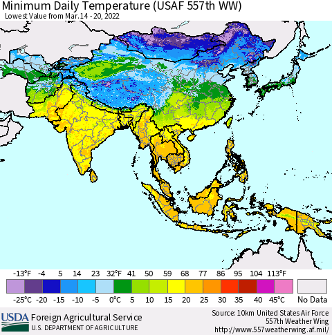 Asia Minimum Daily Temperature (USAF 557th WW) Thematic Map For 3/14/2022 - 3/20/2022