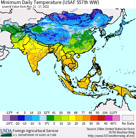 Asia Minimum Daily Temperature (USAF 557th WW) Thematic Map For 3/21/2022 - 3/27/2022