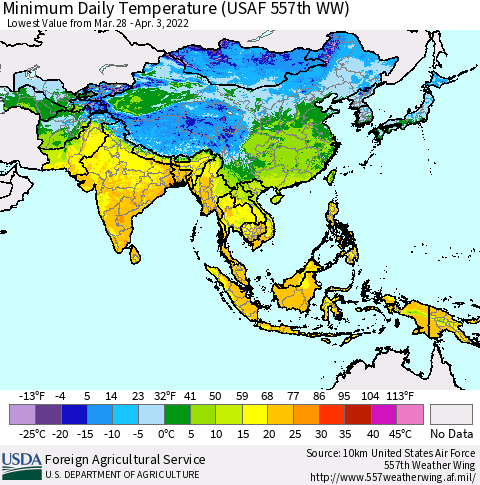 Asia Minimum Daily Temperature (USAF 557th WW) Thematic Map For 3/28/2022 - 4/3/2022