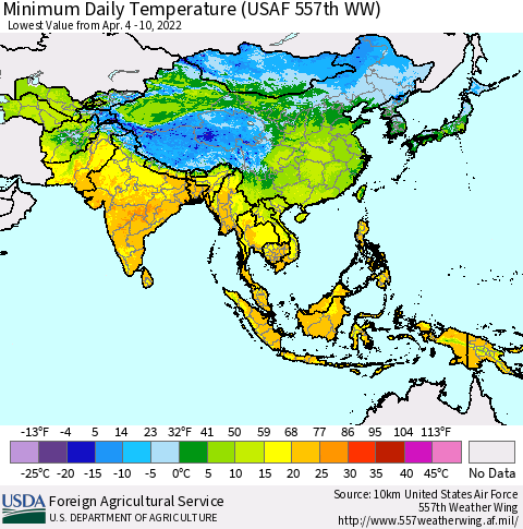 Asia Minimum Daily Temperature (USAF 557th WW) Thematic Map For 4/4/2022 - 4/10/2022