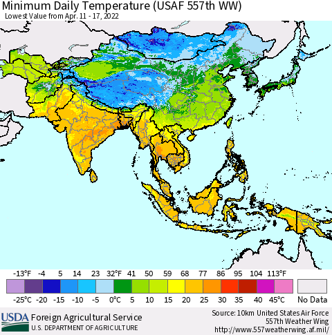 Asia Minimum Daily Temperature (USAF 557th WW) Thematic Map For 4/11/2022 - 4/17/2022
