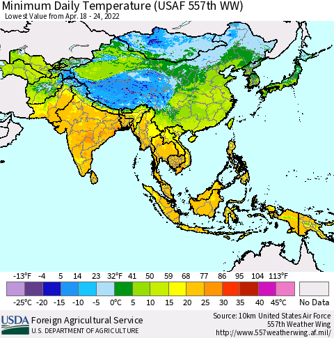 Asia Minimum Daily Temperature (USAF 557th WW) Thematic Map For 4/18/2022 - 4/24/2022