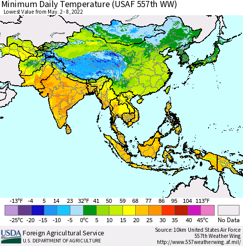 Asia Minimum Daily Temperature (USAF 557th WW) Thematic Map For 5/2/2022 - 5/8/2022