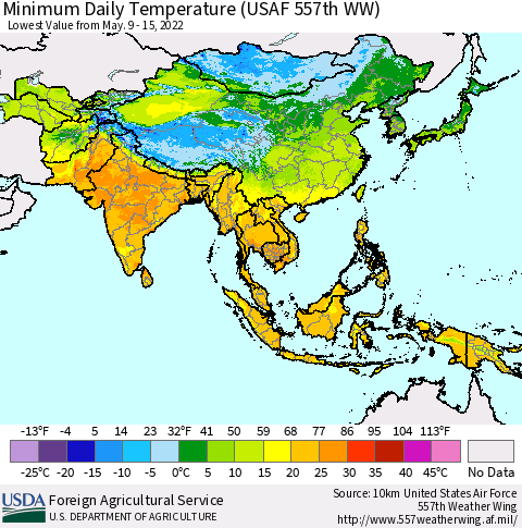 Asia Minimum Daily Temperature (USAF 557th WW) Thematic Map For 5/9/2022 - 5/15/2022