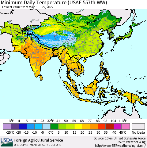 Asia Minimum Daily Temperature (USAF 557th WW) Thematic Map For 5/16/2022 - 5/22/2022