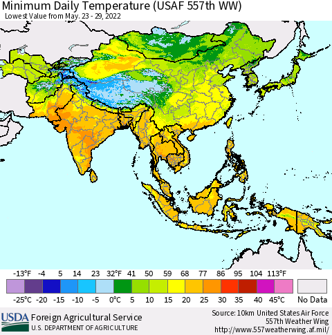 Asia Minimum Daily Temperature (USAF 557th WW) Thematic Map For 5/23/2022 - 5/29/2022