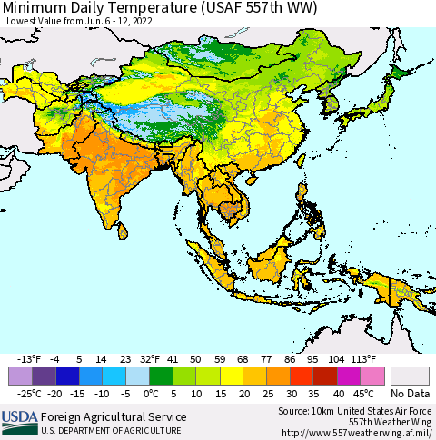 Asia Minimum Daily Temperature (USAF 557th WW) Thematic Map For 6/6/2022 - 6/12/2022