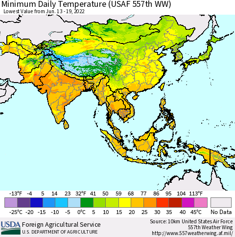 Asia Minimum Daily Temperature (USAF 557th WW) Thematic Map For 6/13/2022 - 6/19/2022
