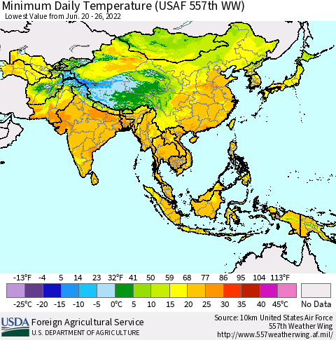 Asia Minimum Daily Temperature (USAF 557th WW) Thematic Map For 6/20/2022 - 6/26/2022