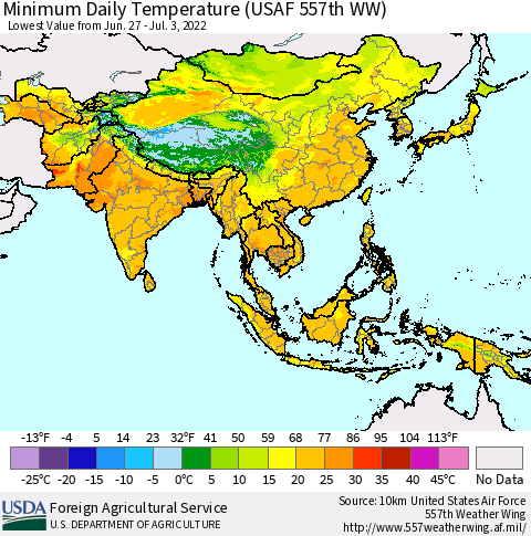 Asia Minimum Daily Temperature (USAF 557th WW) Thematic Map For 6/27/2022 - 7/3/2022