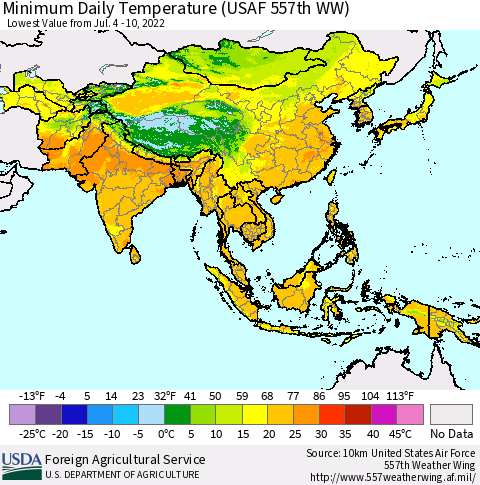 Asia Minimum Daily Temperature (USAF 557th WW) Thematic Map For 7/4/2022 - 7/10/2022