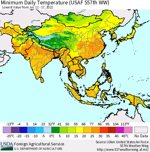 Asia Minimum Daily Temperature (USAF 557th WW) Thematic Map For 7/11/2022 - 7/17/2022