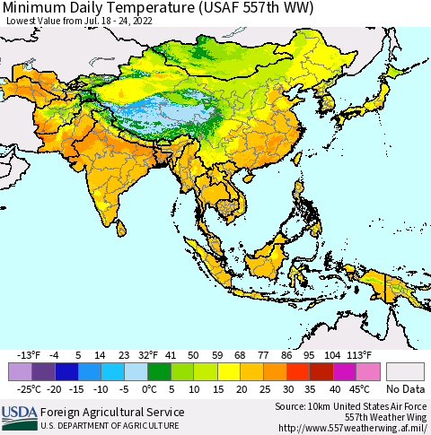 Asia Minimum Daily Temperature (USAF 557th WW) Thematic Map For 7/18/2022 - 7/24/2022