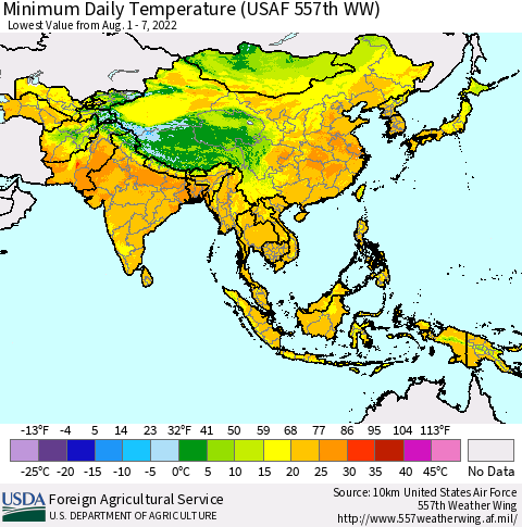 Asia Minimum Daily Temperature (USAF 557th WW) Thematic Map For 8/1/2022 - 8/7/2022