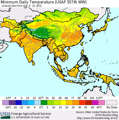 Asia Minimum Daily Temperature (USAF 557th WW) Thematic Map For 8/8/2022 - 8/14/2022