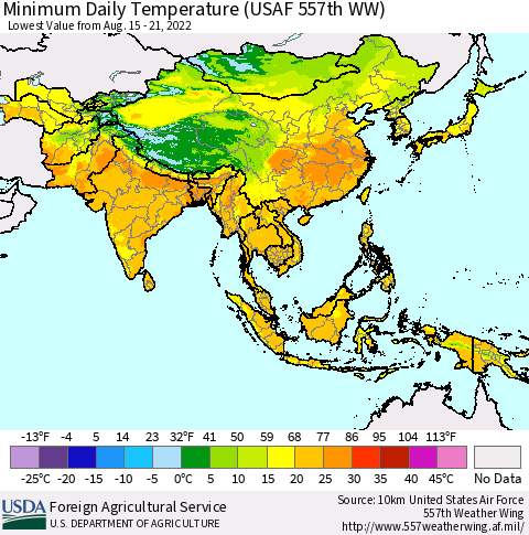 Asia Minimum Daily Temperature (USAF 557th WW) Thematic Map For 8/15/2022 - 8/21/2022