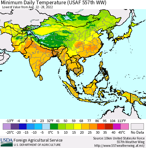 Asia Minimum Daily Temperature (USAF 557th WW) Thematic Map For 8/22/2022 - 8/28/2022