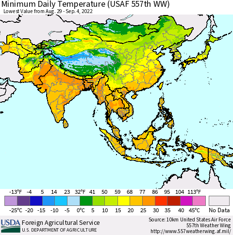 Asia Minimum Daily Temperature (USAF 557th WW) Thematic Map For 8/29/2022 - 9/4/2022