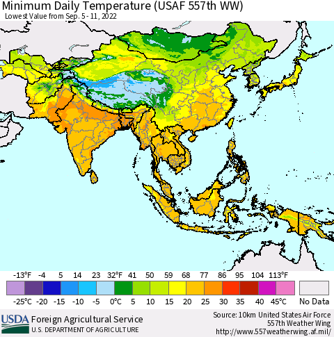 Asia Minimum Daily Temperature (USAF 557th WW) Thematic Map For 9/5/2022 - 9/11/2022