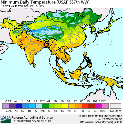 Asia Minimum Daily Temperature (USAF 557th WW) Thematic Map For 9/19/2022 - 9/25/2022