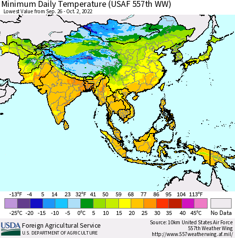 Asia Minimum Daily Temperature (USAF 557th WW) Thematic Map For 9/26/2022 - 10/2/2022