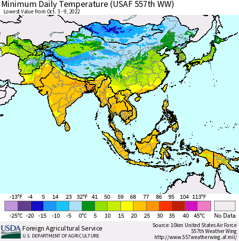 Asia Minimum Daily Temperature (USAF 557th WW) Thematic Map For 10/3/2022 - 10/9/2022