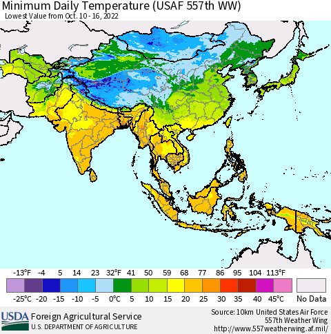 Asia Minimum Daily Temperature (USAF 557th WW) Thematic Map For 10/10/2022 - 10/16/2022