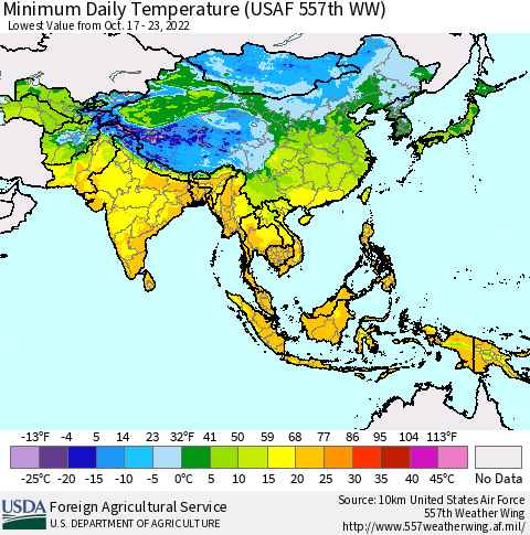 Asia Minimum Daily Temperature (USAF 557th WW) Thematic Map For 10/17/2022 - 10/23/2022