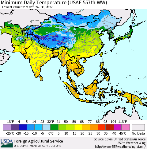 Asia Minimum Daily Temperature (USAF 557th WW) Thematic Map For 10/24/2022 - 10/30/2022