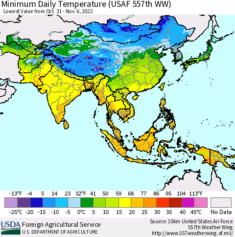 Asia Minimum Daily Temperature (USAF 557th WW) Thematic Map For 10/31/2022 - 11/6/2022