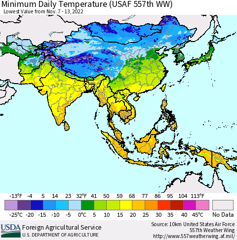 Asia Minimum Daily Temperature (USAF 557th WW) Thematic Map For 11/7/2022 - 11/13/2022