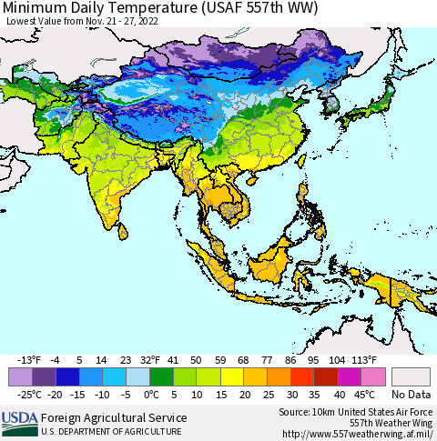Asia Minimum Daily Temperature (USAF 557th WW) Thematic Map For 11/21/2022 - 11/27/2022