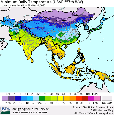 Asia Minimum Daily Temperature (USAF 557th WW) Thematic Map For 11/28/2022 - 12/4/2022