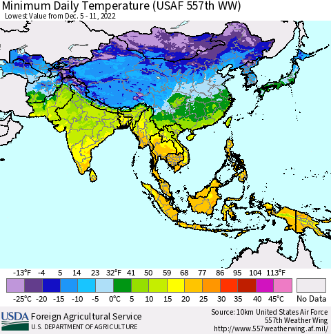 Asia Minimum Daily Temperature (USAF 557th WW) Thematic Map For 12/5/2022 - 12/11/2022
