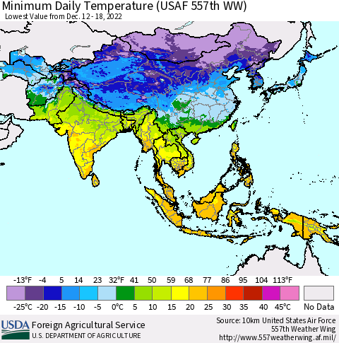 Asia Minimum Daily Temperature (USAF 557th WW) Thematic Map For 12/12/2022 - 12/18/2022