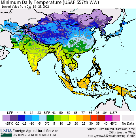 Asia Minimum Daily Temperature (USAF 557th WW) Thematic Map For 12/19/2022 - 12/25/2022