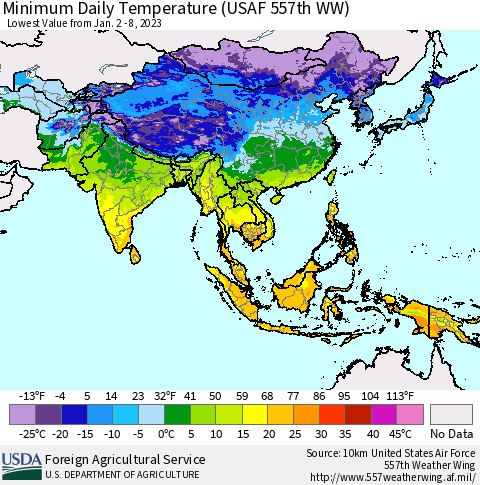 Asia Minimum Daily Temperature (USAF 557th WW) Thematic Map For 1/2/2023 - 1/8/2023