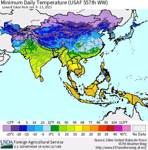 Asia Minimum Daily Temperature (USAF 557th WW) Thematic Map For 1/9/2023 - 1/15/2023