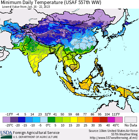Asia Minimum Daily Temperature (USAF 557th WW) Thematic Map For 1/16/2023 - 1/22/2023