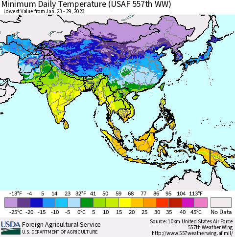 Asia Minimum Daily Temperature (USAF 557th WW) Thematic Map For 1/23/2023 - 1/29/2023