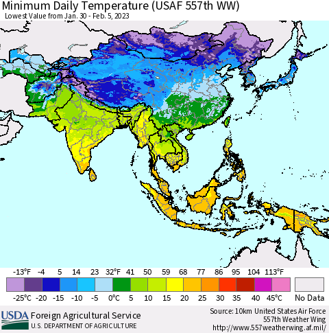 Asia Minimum Daily Temperature (USAF 557th WW) Thematic Map For 1/30/2023 - 2/5/2023