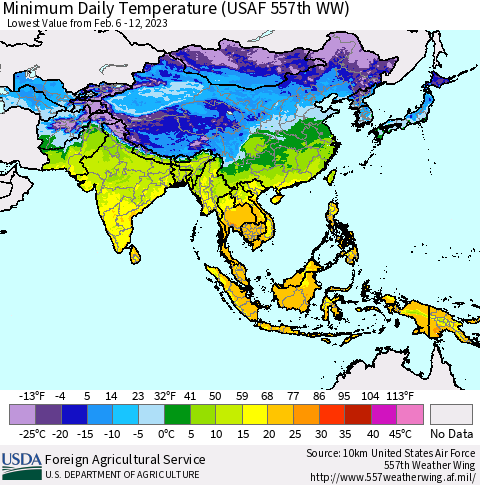 Asia Minimum Daily Temperature (USAF 557th WW) Thematic Map For 2/6/2023 - 2/12/2023
