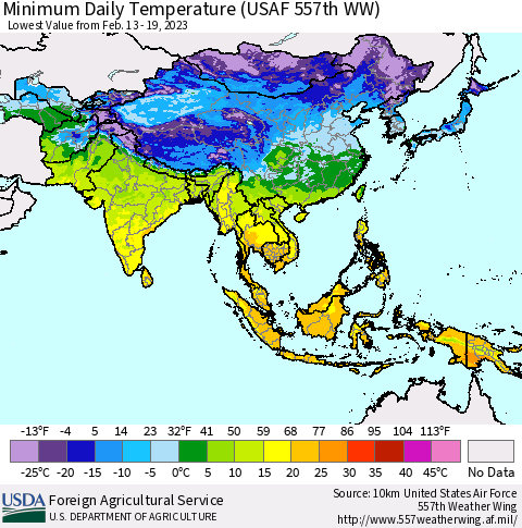 Asia Minimum Daily Temperature (USAF 557th WW) Thematic Map For 2/13/2023 - 2/19/2023